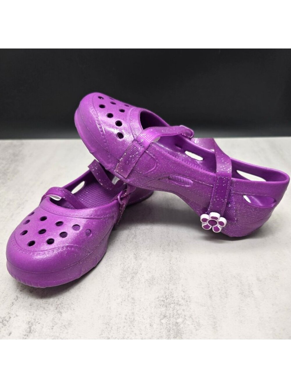 Purple Glitter Shoes Girls Mary Jane Style Clogs Flower Charm Size 11 JJ4293